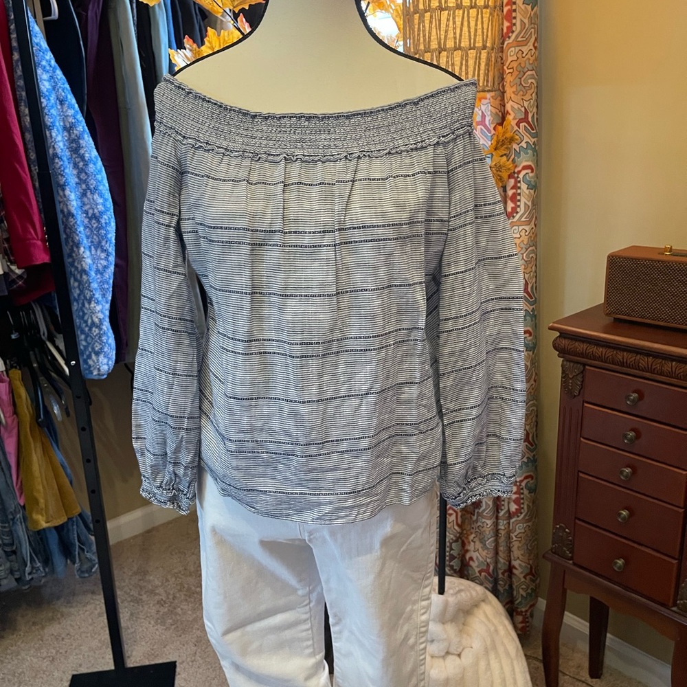 rag & bone Off-Shoulder Navy Striped Blouse